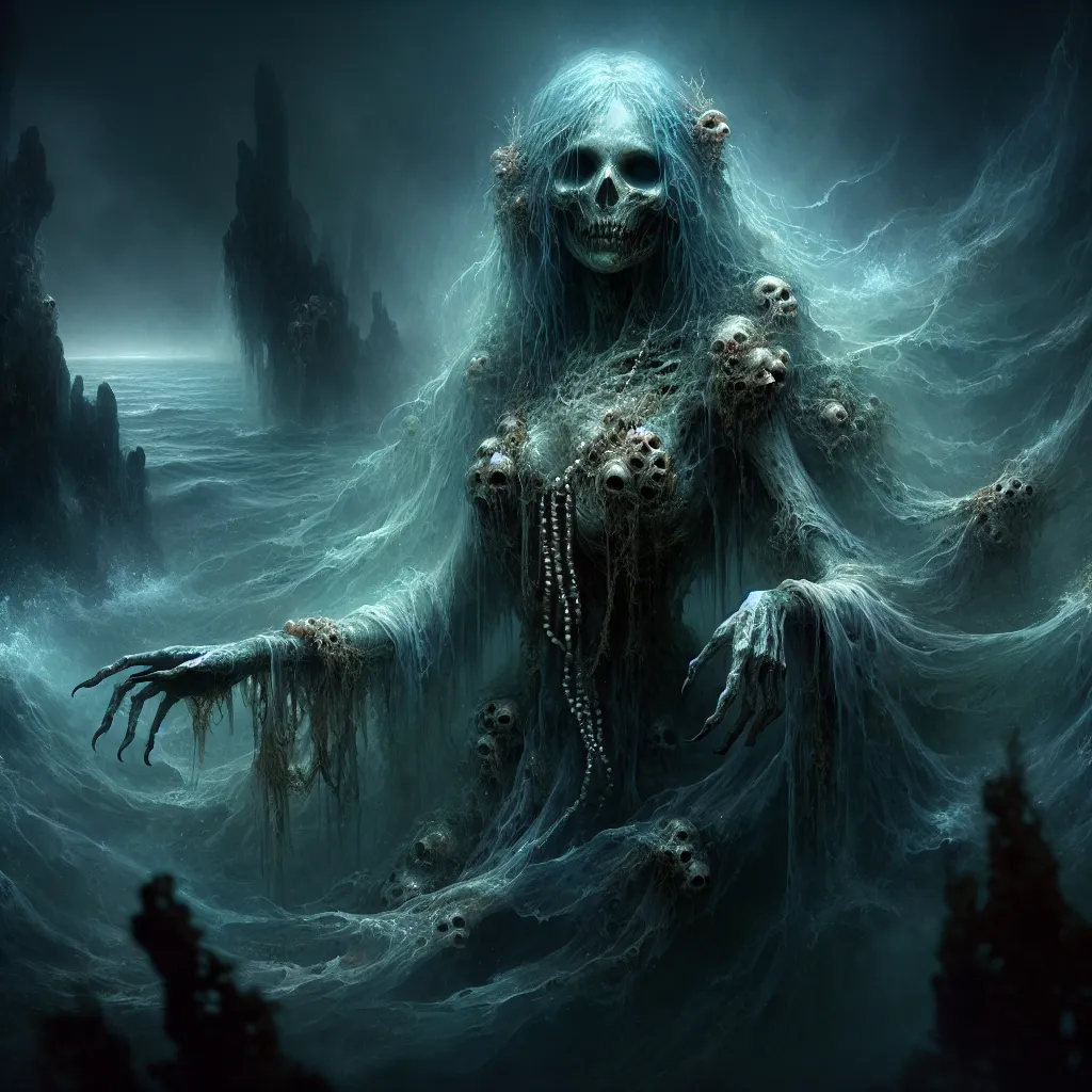 Prompt: The Wailing Revenant of the Abyss
"A haunting female revenant siren emerging from the dark, misty waters of a forgotten sea. Her translucent, ghostly form glows faintly with an ethereal blue-green light, her long, flowing hair tangled with seaweed and pearls. Her eyes are hollow yet captivating, emanating a sorrowful glow, and her pale, decayed skin is adorned with intricate, tattered remnants of regal, oceanic garments. She clutches a barnacle-encrusted harp that sings mournful, otherworldly melodies, summoning the spirits of drowned sailors that swirl around her in ghostly currents. The sea behind her churns with supernatural energy, and jagged rocks pierce the surface, illuminated by the faint light of a crescent moon."