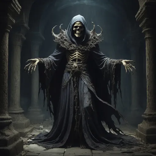 Prompt: In the shadowed depths of a long-forgotten crypt, where the air is thick with the scent of age and decay, resides a male lich—an ancient sorcerer who has transcended the boundaries of mortality. Clad in tattered robes that whisper of dark enchantments, his skeletal form is both haunting and regal, a testament to the power he wields. His empty eye sockets glow with an eerie, unsettling light, a manifestation of the arcane energies that fuel his existence. Once a formidable wizard in life, he now commands legions of undead minions, summoning them from the depths of the earth to do his bidding. His voice, a chilling echo like the rustling of dry leaves, carries the weight of centuries as he speaks incantations that can bend the very fabric of reality. Despite his skeletal appearance, a sense of ancient wisdom lingers about him, as if he holds the secrets of the universe within his hollowed chest. The male lich is a figure of dread and fascination, drawing in those seeking forbidden knowledge, while also instilling fear in the hearts of the living. In his presence, the air grows cold, and shadows seem to stretch and dance with a mind of their own, as if echoing the dark power that the lich commands. To encounter him is to brush against the edge of eternity, a reminder that life, in its fleeting essence, is but a fragile moment in the vast tapestry of existence.