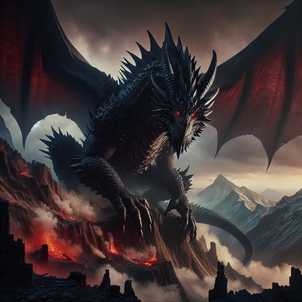 Prompt: The Onyx Tyrant
"A colossal male dragon with scales as black as midnight looms atop a jagged mountain peak, his vast wings spread wide and casting an imposing shadow over the valley below. His obsidian scales shimmer with an otherworldly sheen, reflecting the crimson light of a volcanic eruption in the distance. His glowing red eyes burn with ancient wrath, and smoke curls from his flared nostrils. His spiked tail sways menacingly, carving deep grooves into the rocky terrain as his razor-sharp claws grip the crumbling edges of his perch. Around him, the air crackles with an aura of raw power, and his deep, guttural growl reverberates through the earth, a warning to all who dare to approach his lair. Below, the remnants of charred villages serve as grim reminders of his reign of terror."