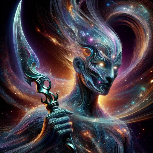 Prompt: "A being of pure energy emerges from a glowing tear in the fabric of space. Their semi-translucent body shimmers with shifting galaxies and nebulae, and their eyes glow with an ancient, cosmic wisdom. In their hands, they wield a curved blade of starlight that seems to slice through dimensions, leaving trails of radiant stardust in its wake."