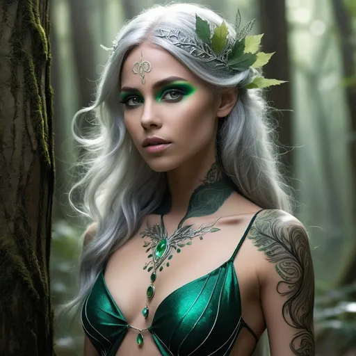 Prompt: Ariael Silverwhisper is a vision of ethereal grace, with skin the color of moonlit leaves and hair that cascades like a silver waterfall down her back. Her eyes, a vibrant shade of emerald, are as ancient as the trees that whisper secrets in the heart of the forest she calls home. Her slender frame is adorned with intricate tattoos that trace the veins of her arms and neck, each line a story of her ancestry and personal triumphs. A crown of delicate vines, interwoven with glowing fungi and crystalline blossoms, sits atop her head, a symbol of her deep connection to the natural world. Her ears, pointed and elegant, are tipped with silver, a mark of her lineage as a descendant of the ancient elven kings and queens. Her attire is a blend of the forest itself: a garment of shimmering leaves and spider silk that flows around her like a gentle breeze, leaving little to the imagination yet managing to maintain an air of mystical modesty. The soft rustle of her clothing as she moves is accompanied by the subtle jingle of the tiny bells that adorn the hems, creating a melody that seems to resonate with the very essence of the woods.