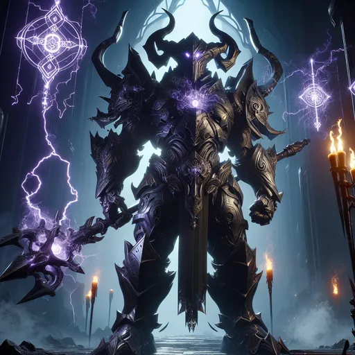 Prompt: "A hulking guardian stands at the threshold of an ominous abyss, its armor made of polished black obsidian that reflects the flickering light of nearby torches. In its hands, a massive halberd crackles with purple lightning. Around it, glowing glyphs pulse in the darkness, warning intruders of the power that lies beyond."