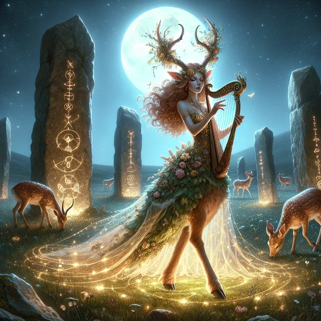 Prompt: Mystical Faun Songweaver
"A graceful female faun stands in a moonlit glade surrounded by a circle of ancient standing stones, their surfaces glowing faintly with arcane runes. Her deer-like legs, covered in soft golden-brown fur, end in delicate cloven hooves that rest lightly on a carpet of glowing moss. Her gentle face is framed by long, wavy auburn hair adorned with small wildflowers, and a pair of spiraling antelope-like horns emerge elegantly from her head, catching the silvery moonlight. She wears a flowing, ethereal dress made of petals, leaves, and shimmering threads of starlight. In her hands, she cradles a lyre crafted from ivory and gold, with strings of light that emit soft, enchanting melodies visible as waves of glowing energy. Around her, the glade comes alive with bioluminescent plants, fluttering fireflies, and a pair of ethereal spirit deer grazing peacefully. The sky above is deep indigo, scattered with constellations that seem to pulse gently in harmony with her song."