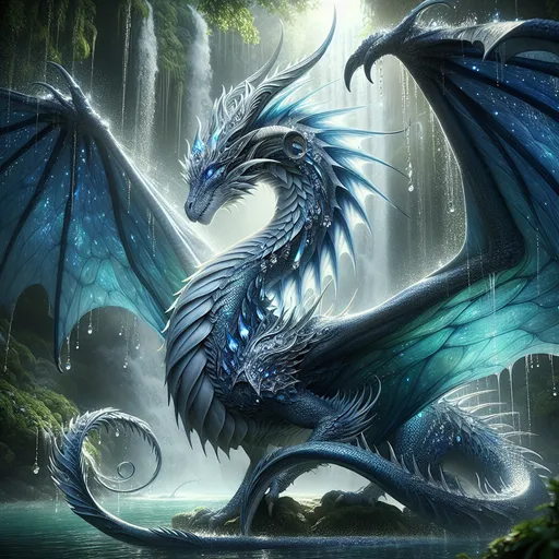 Prompt: The Sapphire Matriarch
"A majestic female dragon with shimmering sapphire-blue scales emerges from the mist of an ancient waterfall, her enormous wings trailing streams of water as they spread wide in a display of regal might. Her slender yet powerful frame exudes grace and authority, each scale catching the sunlight and refracting it into a dazzling array of colors. Her deep, piercing silver eyes hold a timeless wisdom, and her elegant horns curl like polished ivory, adorned with intricate carvings and dangling crystalline ornaments. A flowing mane of silver spines cascades down her neck, glistening like liquid starlight. Around her, the lush jungle brims with life, as creatures of the forest bow in quiet reverence to their guardian. The air vibrates with her presence, and faint traces of her breath carry the sweet scent of rain and ozone, a testament to her dominion over storms and serenity."