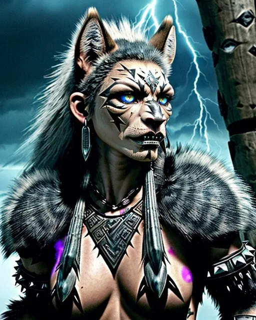 Prompt: Gnoll, robust, 35, muscular frame, midnight storm fur, silver streaks, piercing blue eyes, black markings, pointed ears, sharp fangs, intricate leather armor, metal studded, bone adorned, massive ancient battle-axe, fierce, graceful, agile, rare fur trait, shaman-raised, Thunderspike Jungle native, exiled warrior, lightning-affiliated, fiercely loyal, protective, fiery temper, gentle with animals, curious, unflappable, complex, compelling, stormy demeanor, deep sadness, lost home, vendetta-driven.