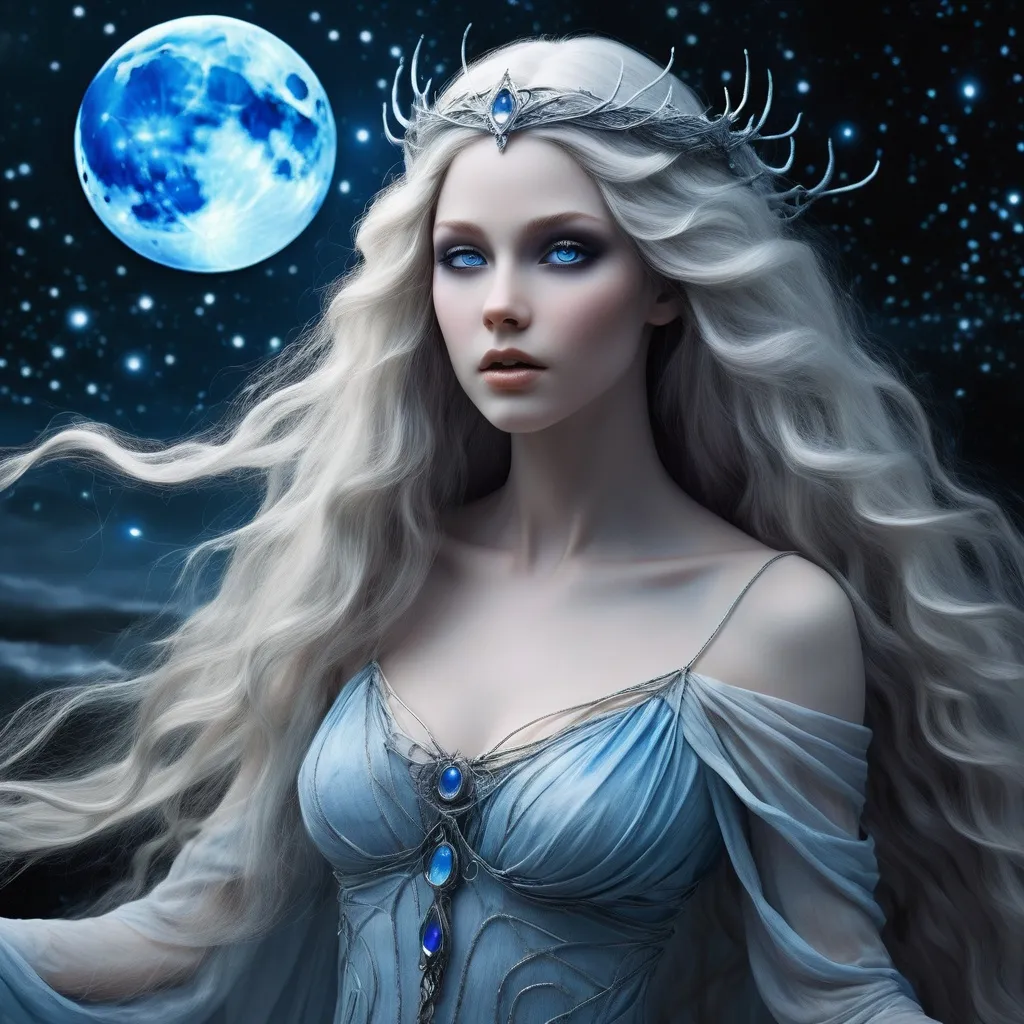 Prompt: Lady Ariael Whisperwind is an ethereal being of unearthly beauty. Her skin is as pale as the moon's glow on a clear night, almost translucent at times, revealing the delicate veins that weave through her body like silver threads. Her eyes are pools of shimmering blue that seem to hold the very essence of the stars within them. Long, flowing hair of the palest blonde floats about her, often appearing to be made of mist. Her lithe form is wrapped in a gossamer gown that shimmers with a soft, spectral light. The fabric clings to her like a second skin, hinting at the toned muscles beneath, a testament to her years as an elven warrior. Her slender fingers end in sharp, gleaming nails that seem to be carved from ice. A set of antler-like horns, tipped with crystal, protrude from her forehead, arching gracefully to frame her face and reach almost to her pointed ears. Her feet are bare, and instead of leaving footprints, they leave trails of faint, glowing mist. Around her neck hangs an amulet that pulses with a soft blue light, the heart of her power as an undead spectral elf.