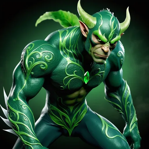 Prompt: Rivenstorm Whisperleaf is a young adult Grung, standing at a modest four feet tall, with a lean, muscular build that belies his agility and surprising strength. His emerald green skin is patterned with intricate swirls of lighter jade, reminiscent of the veins in a leaf, which shimmer faintly in the right light. His eyes are large and bright, a piercing shade of gold that seems to reflect the curiosity and intelligence behind them. Riven’s most striking feature, however, are his four arms, each ending in three nimble fingers and a thumb, allowing him unmatched dexterity when crafting or wielding his dual-sided vineblade. His head is adorned with a thick mane of deep blue hair that falls down to his shoulders, intertwined with leaves and vines that seem to be a part of him, moving with a gentle life of their own. Riven’s lower body is that of a goat, covered in short, shaggy fur that blends into the vibrant foliage of his environment with ease. His legs are sturdy and end with hooves that allow him to scale the most treacherous terrain with grace. Around his neck, a necklace made of polished river stones and colorful feathers hangs, a symbol of his connection to both earth and sky. His attire consists of lightweight, leaf-like armor that clings to his torso and is held together by vines, offering both protection and allowing for maximum mobility.