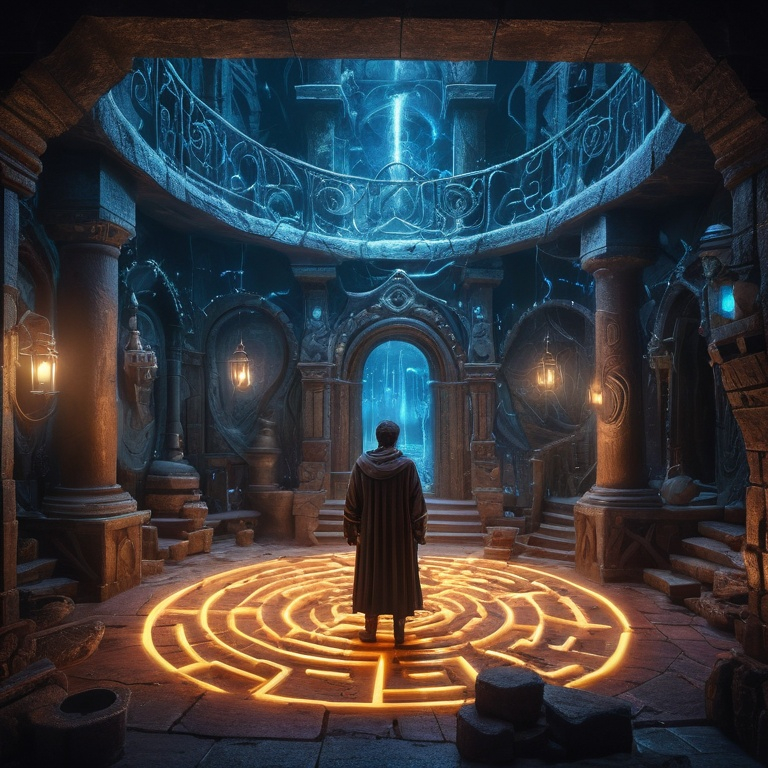 Prompt: Sorcerer's apprentice navigating a labyrinth of magical traps