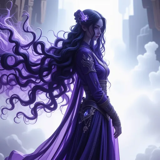 Prompt: Zarael Whisperwind, known more commonly as Zara, stands tall at six feet seven inches, a testament to her Kalashtar lineage. Her skin is a rich tapestry of blues and purples, shimmering subtly in the light with an ethereal quality that seems to hint at the bound psionic energy within her. Her hair, long and flowing, is a cascade of dark indigo that reaches the small of her back, often adorned with small crystals and feathers that whisper with every movement. Her eyes are the most striking feature, a piercing silver that seems to gaze into the soul of anyone who meets her gaze. They are large and almond-shaped, framed by thick, dark lashes, and surrounded by a faint aura that pulses with psychic energy. Her features are sharp and angular, reminiscent of elven grace but with a stoic strength that speaks of her monk training. Her body is toned and lithe, a balance of power and agility that comes from centuries of discipline and meditation. Her garments are a mix of light armor and flowing silks in shades of midnight blue and silver, allowing for ease of movement in combat and a certain elegance in diplomacy. Her hands and feet are adorned with intricate tattoos that trace the pathways of her psionic abilities, each line and swirl telling a story of her ancestral heritage and personal triumphs.