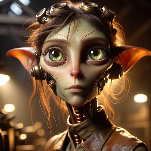 Prompt: " A young adult Autognome with a height of three and a half feet, a typical size for her kind. Her metallic skin is a mesmerizing blend of iridescent coppers and golds, reflecting the warm lights of her subterranean home. Her eyes are large, round, and a piercing shade of emerald green, with pupils that dilate in the brightness of her inventions and narrow with intense focus. Her hair is a wild tangle of copper wires, which she often ties back with a leather strip adorned with small, polished gears. Her nose is flat and broad, with a slight upward tilt that gives her a perpetually curious expression. Her ears, pointed at the top and rounded at the bottom, are large enough to pick up the faintest whispers of distant conversations or the ticking of hidden clockworks. Her body is lean and agile, built for both navigating tight spaces and wielding the heavy tools of her trade. Her fingers are long and slender, ending in delicate joints capable of the most intricate work, and often stained with oil from her tinkering. She wears a simple, functional leather apron over a tunic and pants made of a woven fabric that blends organic fibers with metallic threads, creating a unique shimmer as she moves. Her boots are sturdy, yet surprisingly quiet, allowing her to tiptoe through her underground city unnoticed."