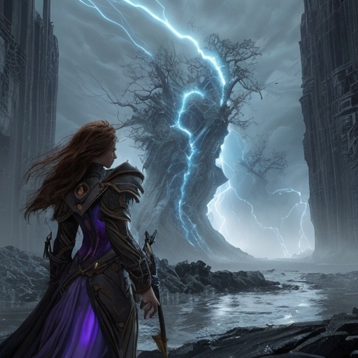 Prompt: Leona raised her staff, the tempest's power crackling along its length. The air grew thick with static, and the ground beneath them trembled as the storm took shape around them. The creatures of Dominaria watched in awe as the two guardians of the Multiverse stood as living embodiments of hope and valor.