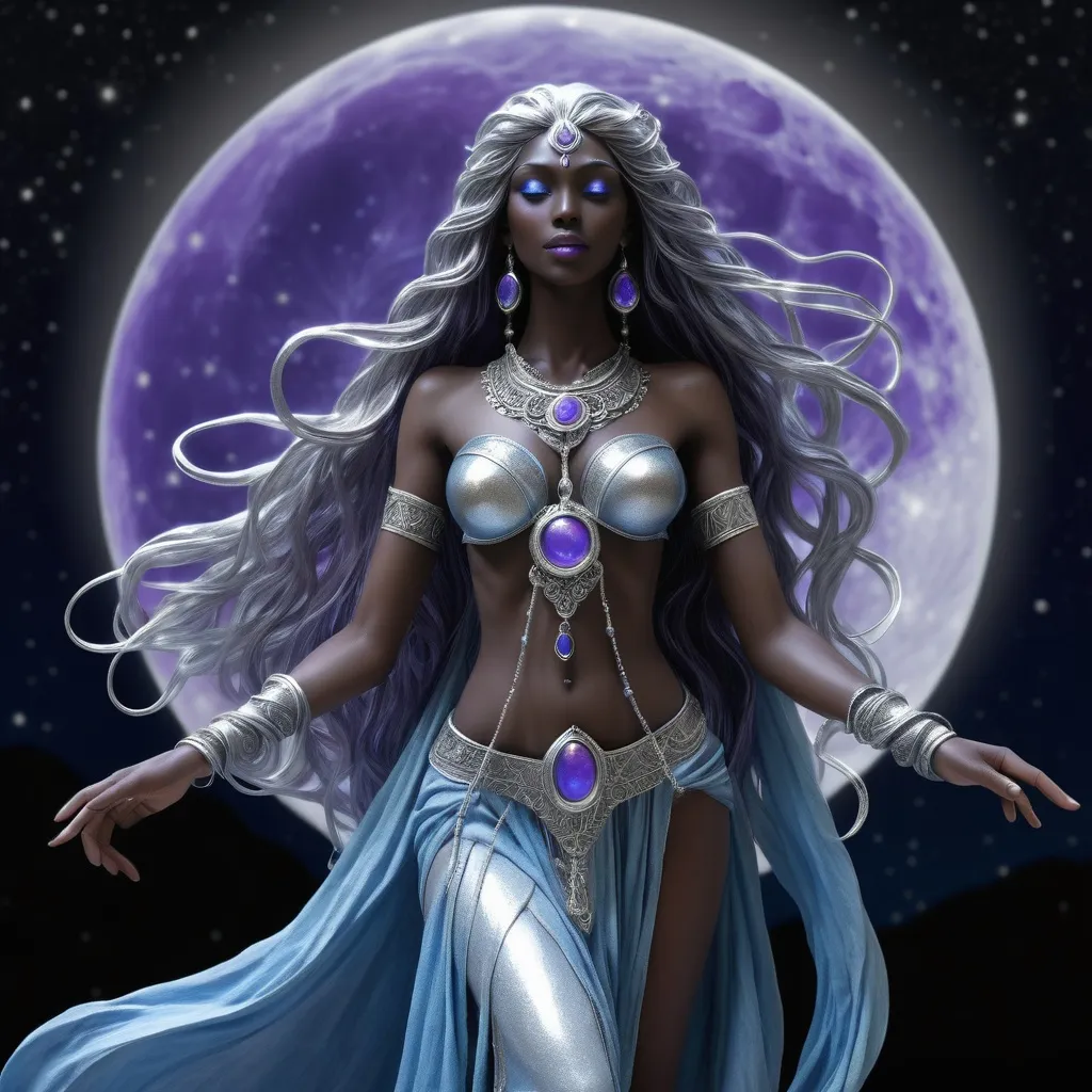 Prompt: Thara Moonshadow is a Magog, a rare and enigmatic species known for their ethereal beauty and otherworldly grace. Standing at a statuesque six feet tall, her skin is a shimmering silver that seems to dance with the light, often reflecting the soft blues and purples of the moonlit nights she so dearly loves. Her long, flowing hair cascades like a waterfall of obsidian, each strand adorned with delicate beads of silver that jingle softly as she moves. Her eyes are twin pools of liquid amber, surrounded by thick, dark lashes that seem almost too heavy for her delicate features. Her nose is straight and slender, her lips full and naturally tinted a soft pink. Her ears are pointed, elongated and adorned with intricate earrings that mirror the shape of the crescent moon.