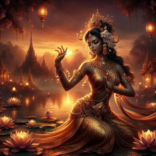 Prompt: Enchanting Female Apsara Dancer
"A celestial female Apsara gracefully dances in the midst of a serene, sacred lotus pond illuminated by the golden glow of twilight. Her luminous, bronze-toned skin shimmers as if kissed by the light of the setting sun. Her long, flowing hair, adorned with delicate golden ornaments and fragrant jasmine flowers, cascades down her back in soft waves. Her almond-shaped eyes glimmer with a serene yet mesmerizing gaze, exuding an air of divine grace and allure.

She is adorned in an intricately designed golden silk sari that flows like liquid light, embellished with shimmering embroidery of lotus flowers and celestial patterns. Layers of gold jewelry, including armlets, anklets, necklaces, and a traditional ornate headdress, sparkle with embedded gems of ruby, sapphire, and emerald. Her delicate hands are posed in an elegant mudra, and her movements create an otherworldly harmony with the soft ripples of the water below.

The pond around her is filled with blooming lotus flowers glowing faintly with ethereal light, while small floating lanterns drift gently across the water’s surface. The surrounding trees and temple spires are silhouetted against a deep orange and purple sunset, completing the scene of celestial beauty and tranquility. The Apsara radiates divine charm and the timeless grace of an otherworldly dancer."