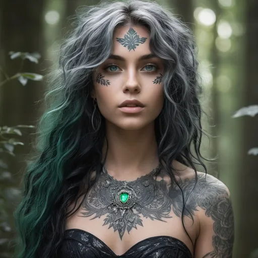 Prompt: 24 year old shape-shifter, her hair is a mesmerizing blend of moonlit silver and midnight black, cascading in soft waves down to her waist. Her eyes, a piercing shade of emerald, holds the secrets of the ancient forests she calls home. Her skin is kissed by the sun and marked with intricate tattoos that mimic the pattern of leaves and branches, hinting at her deep connection to nature. She stands tall, with a lithe, muscular build that speaks of her agility and grace, wether in human or her wolf form.