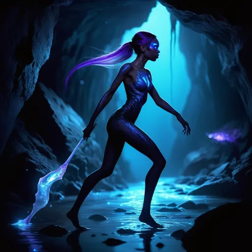 Prompt: Glimmerdusk Shadowstride is a troglodyte of remarkable grace and beauty, a stark contrast to the typical image of her kind. Her skin, though dark as the deepest caverns, has a subtle, shimmering quality that seems to absorb light and emit it in hues of blue and purple. This bioluminescence is a rare trait among troglodytes, often associated with those who have ventured closer to the surface world and intertwined their lineage with other species. Her eyes are two pools of liquid silver, reflecting the light of the underground pools and gleaming in the dark. Her hair is long and flowing, a cascade of obsidian that reaches down to her waist, braided with glowing fungi and crystalline beads that clink softly as she moves. Her nose is flat, her ears pointed, and her teeth sharp, but these features are delicately shaped, giving her a feline allure. Standing at a height slightly taller than the average human, Glimmerdusk moves with the lithe agility of a panther. Her body is lean and muscular, a testament to her life spent navigating the treacherous underground terrain. Her fingers and toes are tipped with sharp claws, which she keeps meticulously groomed, a reminder of her predatory nature. Her clothing is a tapestry of shadows and lights, woven from the finest silks and dyed with the rarest underground pigments, allowing her to blend seamlessly with the darkness or stand out dramatically when she chooses to.