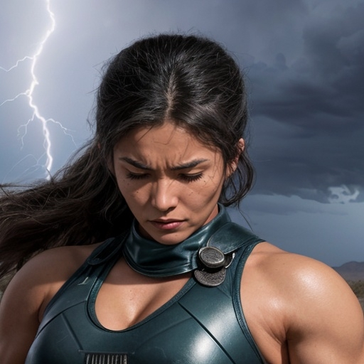 Prompt: The training was rigorous, pushing Leona's physical and mental limits. She practiced summoning bolts of lightning and fierce tornadoes, each time trying to channel the storm's power without letting it overwhelm her. Her days were filled with the rhythmic clang of weapons and the scent of hot steel as she honed her combat skills. Her nights were spent in quiet meditation, the whispers of the desert guiding her towards inner peace.