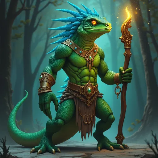 Prompt: Ssythrax the Sage is a young adult among his Lizardmen kin, standing tall at an impressive seven and a half feet. His emerald scales, a sign of his noble lineage, shimmer under the light of the ancient swamp's bioluminescent flora. His eyes, a piercing shade of gold, reflect the wisdom and cunning of his ancestors who navigated the treacherous waters of the Great Swamp. A crest of vibrant blue scales adorns his head, a stark contrast to the verdant hue of the rest of his body. This crest, a symbol of his scholarly achievements, reaches down to the base of his neck, where it merges into intricate patterns that trace the contours of his muscular form. His tail, a robust six feet long, is adorned with rings and amulets made from the bones of fallen beasts, each one telling a story of valor and cunning. Ssythrax wields an elegant staff carved from the heartwood of an ancient mangrove, which is said to hold the spirits of the swamp within. His clawed hands are adorned with rings of gold and jade, hinting at his affinity for both martial and mystical pursuits. Despite his intimidating presence, Ssythrax carries himself with a grace and poise that belies his reptilian nature.