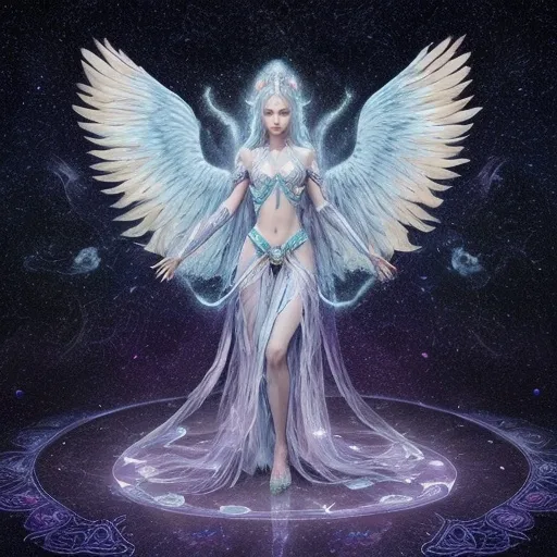 Prompt: female, Aetherian, 200 years old, six-and-a-half feet tall, luminous azure skin, cosmic glow, ethereal silver-gold hair, starlit crystal adornments, sapphire eyes with kaleidoscope patterns, slender muscular frame, agile curves, large feathered wings, shimmering wing feathers, celestial attire, minimal clothing, elemental elegance, ethereal grace, cosmic beauty.