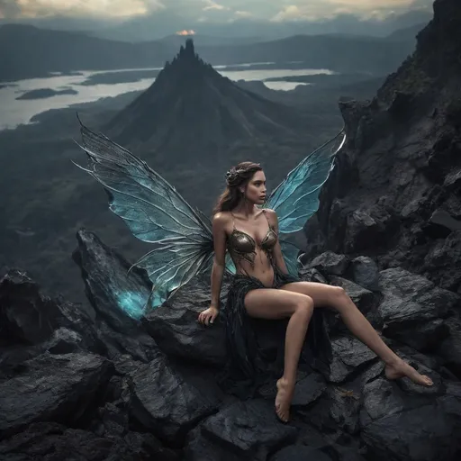 Prompt: hand handsome incubus, (molten glass fairy wings), (seductive smile), reclining on a rocky outcropping, (dramatic volcano), dark color scheme, moody atmosphere, ethereal glow from the wings, high contrasts in shadows, mystical ambiance, ultra-detailed, high quality, cinematic lighting, fantasy elements, enchanted landscape.