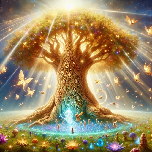 Prompt: "A colossal tree of life stands in the center of a glowing meadow, its leaves made of radiant golden light. The tree’s trunk is adorned with carved runes that pulse softly, while flowers of every color bloom eternally around its base. Ethereal creatures—sprites, butterflies, and small elementals—flit around, basking in its divine radiance."