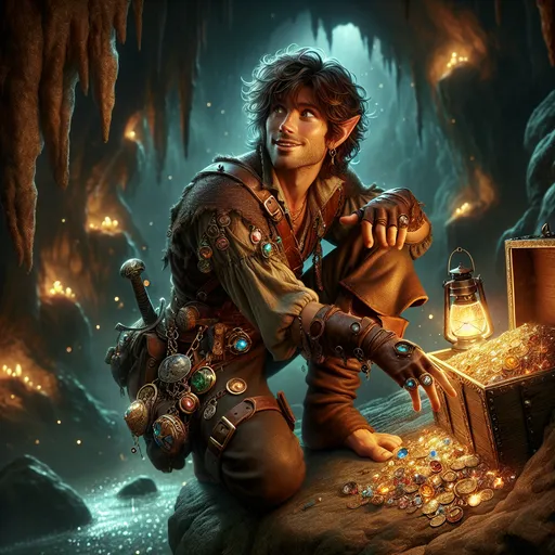 Prompt: "A daring male Halfling with tousled brown hair and a mischievous grin, clad in a patchwork leather outfit adorned with trinkets and tools. He stands on a rocky ledge in a vast, glittering cavern filled with stalactites encrusted with glowing crystals. In one hand, he holds an ancient map, and in the other, a lantern emitting a warm, golden light. His feet, bare and tough, balance nimbly on the uneven stone as he surveys a treasure chest partially buried in a pool of shimmering water. Behind him, the shadows hint at movement, as if something unseen watches his every step."