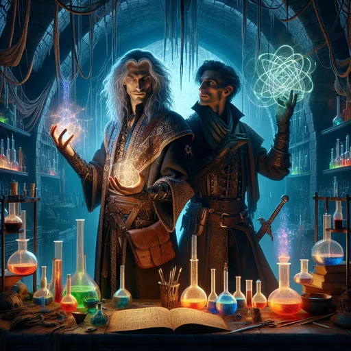 Prompt: "A dramatic fantasy scene featuring a brilliant alchemist and a cunning criminal locked in an unlikely alliance. The alchemist, a poised figure with wild silver hair and sharp, analytical eyes, stands surrounded by an elaborate array of glowing vials, bubbling elixirs, and intricate alchemical apparatuses. They wear a long, dark coat adorned with mysterious sigils and an apron splattered with vibrant, otherworldly liquids.

Beside them, the criminal—a rugged, street-smart rogue with a sly grin—leans casually against the alchemist's workbench. Their leather armor is patched yet functional, and a dagger glints at their side. They clutch a map that radiates an ominous, magical energy.

The setting is a shadowy underground laboratory lit by the eerie glow of the alchemical concoctions, casting dramatic shadows on the cracked stone walls. Mysterious symbols etched into the floor pulsate with light, hinting at the powerful and dangerous experiment underway.

Tension and intrigue fill the air as the two characters—so different in demeanor yet united by a common goal—work together to uncover the secrets of an ancient artifact resting between them. The scene brims with a blend of danger, intellect, and adventure."