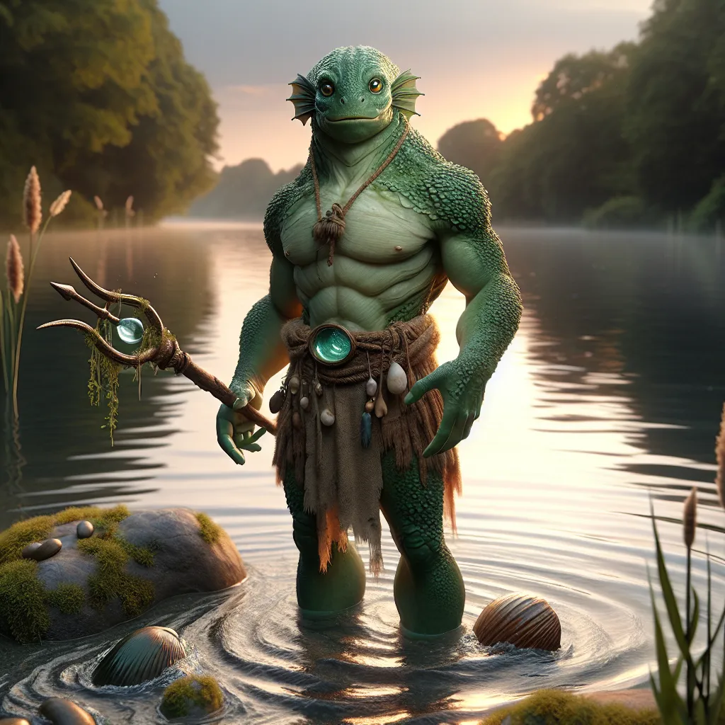 Prompt: 
The River's Guardian
"A sturdy male Kappa stands at the edge of a tranquil river, his smooth, green-scaled skin glistening in the soft light of the setting sun. His webbed hands and feet grip the riverbank with ease, while a small, water-filled dish on his head—the symbol of his connection to water—reflects the shimmering sky above. His wide, beady eyes are full of ancient wisdom and a mischievous glint, the reflection of both the quiet depths of the river and the playful spirit within him.
He wears a simple, weathered tunic made from woven reeds and furs, practical for his life near the water, and a belt adorned with carved shells, hooks, and fishing implements. In one hand, he holds a trident, its tips gleaming with a faint, magical aura that pulses with the rhythm of the river's flow. The current around him ripples with energy, responding to his presence as fish dart beneath the surface and water lilies bloom in the wake of his movements.

The air around him carries the scent of fresh water and the soft murmur of the river’s song, while the sound of distant waterfalls echoes in the background. Despite his fearsome appearance, the Kappa is a guardian of the river, ensuring that the balance of life is maintained and protecting his domain from intruders. His voice, when he speaks, carries the deep, rumbling sound of rushing water, and his presence is a quiet but constant reminder of the river’s ancient magic."