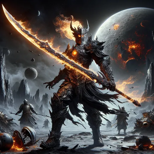 Prompt: "A battle-scarred warrior in obsidian armor stands triumphantly on the surface of a cracked, desolate moon. His massive greatsword glows with an inner fire, while the remnants of a great battle—fallen soldiers, shattered weapons, and glowing craters—surround him. Above, the fractured moon reveals a stunning view of a distant planet, its surface alive with storms and explosions."