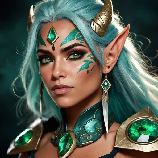 Prompt: Zephy Stormwrath is an Earth Genasi with a captivating presence that seems to resonate with the very essence of the land she was born from. Her skin is a rich, terra-cotta hue, mottled with intricate patterns that mimic the veins of precious metals and minerals found deep within the earth's crust. Her eyes are a piercing emerald that seem to hold the secrets of ancient caverns, reflecting an inner strength and wisdom beyond her years. Her hair, a wild cascade of copper-colored curls, flows down her back like a molten river of lava, often held in check by a simple leather band adorned with polished agate.

Her features are a harmonious blend of human and elemental, with a strong, angular jawline and prominent cheekbones that speak of her genetic heritage. Her nose is straight and proud, her lips a soft pink that contrasts with the rich earth tones of her complexion. Her body is athletic, with powerful limbs that suggest both grace and resilience. Her fingers and toes are tipped with small, unobtrusive crystals that glint in the light, hinting at her connection to the geological forces of her ancestry.

Her attire is a testament to her love of the earth, favoring natural fibers and colors that mirror the palette of the desert and mountain ranges she calls home. She wears a tunic of sand-colored linen, cinched at the waist with a thick, braided rope belt. Her trousers are of a tougher material, dyed a deep umber, and tucked into sturdy boots that seem almost to grow from her legs, as if they were made from the very stone she can manipulate with ease. Around her neck, a necklace of polished stone beads rests, each one a different shape and size, each one telling a story of the land she has encountered in her travels.