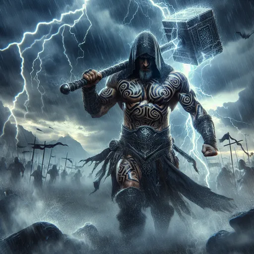 Prompt: "A muscular warrior with storm-charged tattoos etched across their skin strides through a battlefield drenched in rain and lightning. Their massive hammer, crackling with electric energy, sends shockwaves through the air with every swing. Behind them, storm clouds gather and roar, reflecting the power of their wrath."