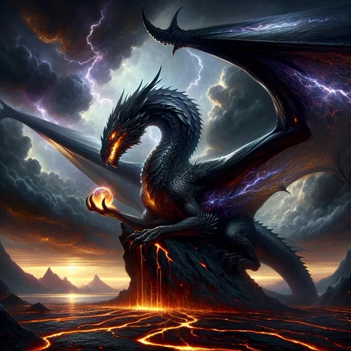 Prompt: "A colossal dragon soaring majestically through a stormy sky, its obsidian-black scales shimmering with an iridescent glow that reflects flashes of lightning. Its piercing eyes blaze with fiery orange light, exuding raw power and intelligence. The dragon's wings are vast and translucent, etched with intricate patterns resembling ancient runes that faintly pulse with energy. Below, a desolate volcanic landscape glows with rivers of molten lava, creating a stark contrast against the dark storm clouds above. The dragon's massive claws clutch a glowing orb, radiating a mysterious, otherworldly energy. Swirling winds carry ash and embers through the air, adding motion and atmosphere to the scene. The composition captures the dragon mid-flight, with dramatic angles emphasizing its sheer size and dominance over the chaotic environment. A palette of deep reds, fiery oranges, and cool grays creates an intense and visually striking artwork, designed to captivate and inspire awe."