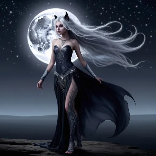 Prompt: Thyra Moonshadow is a Trow, a rare and enigmatic creature from the realm of shadow and moonlight. Standing at a modest 5'6", she is slightly shorter than the average human, but her ethereal grace and nimbleness more than make up for it. Her skin is a mesmerizing blend of midnight and silver, reflecting the soft luminescence of the moon in the darkness of her underground home. Her eyes are pools of deep violet, almost black, with pupils that dilate and contract with the phases of the moon, offering a glimpse into the cosmic secrets she holds dear. Thyra's hair, a wild cascade of silky white strands, reaches her waist and often glows faintly under the moon's touch. It moves of its own accord, as if carried by invisible currents of air, revealing her constant connection to the lunar cycles. Her pointed ears are adorned with delicate silver rings, each one representing a phase of the moon she has danced under. Her clothing is a tapestry of shadows and moonlit silks, weaving together in a way that makes her appear as much a part of the night as a creature of it. A silver circlet, intricately carved with the sigils of her ancestors, rests upon her forehead, hinting at her lineage as a moon priestess.