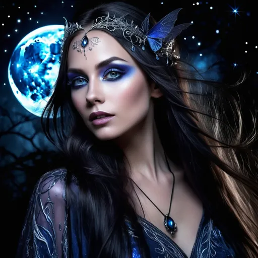 Prompt: Lila Moonshadow is an ethereal beauty, a testament to the blending of elven grace and the enigmatic allure of the nocturnal nightingale. Her skin is a soft, moonlit silver that shimmers in the dark and seems to radiate a gentle luminescence under the right light. Her long, flowing hair is a tapestry of midnight black and iridescent blue, often adorned with delicate feathers that whisper sweet nothings to the wind as she moves. Her eyes, large and expressive, mirror the vibrant hues of twilight, shifting from deep purple to a mesmerizing blue-green that seems to hold the secrets of the cosmos. Her figure is lithe and athletic, with the agility of a nightingale and the poise of an elf queen. Her wings, a majestic blend of silken darkness and opalescent moonlit feathers, span an impressive twelve feet, allowing her to glide through the skies with a grace that defies the very laws of nature. Her attire is minimalistic yet striking, consisting of flowing, translucent garments that leave her midriff and shoulders bare, accentuating the tapestry of star-kissesed tattoos that dance across her body. A delicate silver circlet adorns her forehead, holding back her hair and framing her sharp, elfin features. Her slender frame is graced with an intricate network of fine lines that resemble constellations under her skin, hinting at her ancient lineage and deep connection to the heavens above.