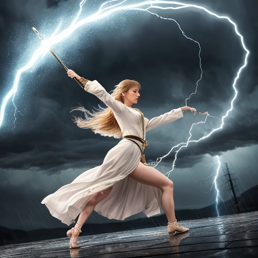 Prompt: With a swift motion, she conjured a staff of pure lightning in her right hand, the electricity dancing up and down its length. The winds obeyed her will, forming a protective barrier around her as she began to dance among the raindrops. Each step she took was precise, each gesture of her staff a silent command to the storm. The thunder grew quieter, the lightning less wild, as she choreographed the chaos into a harmonious dance of power.