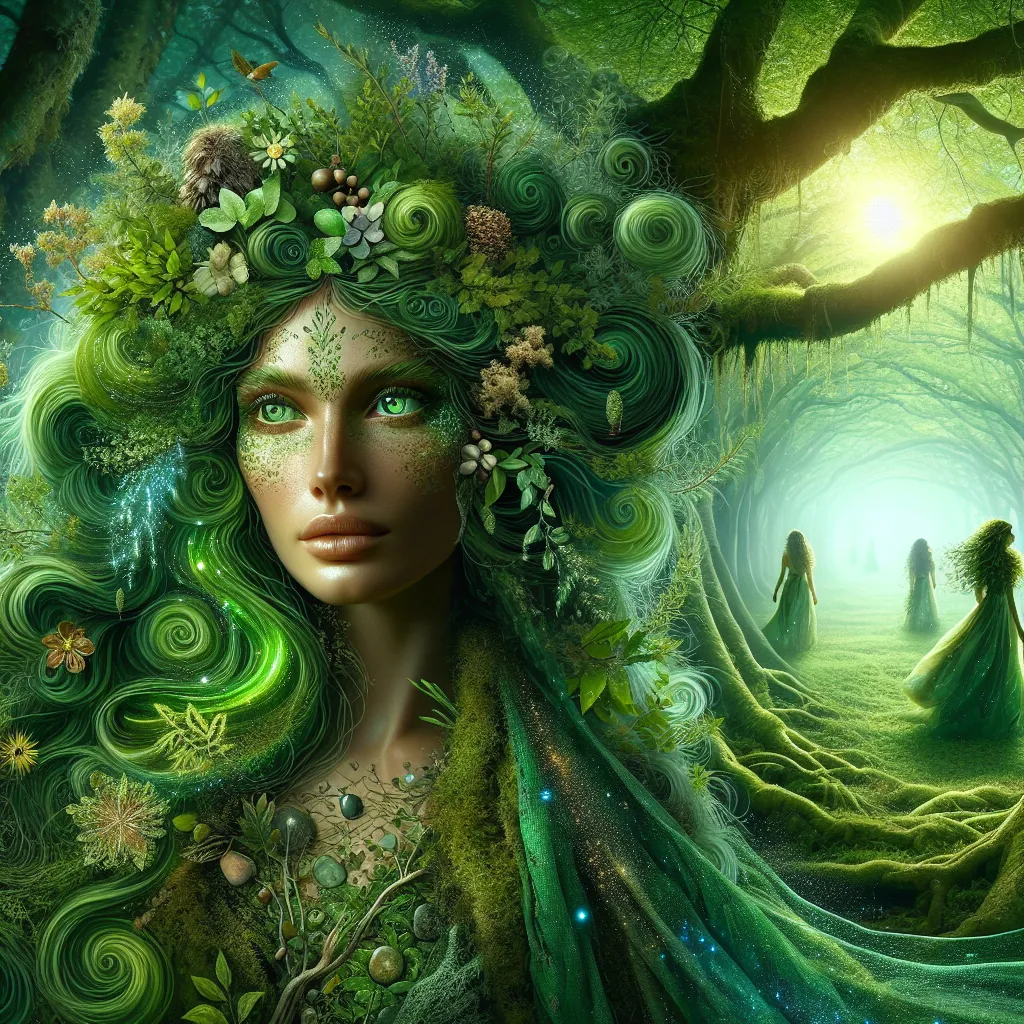 Prompt: In the heart of a lush, verdant forest where ancient trees whisper secrets of the earth, dwells a captivating female Earth Genasi named Thalira. With skin that shimmers like polished jade, her figure reflects the beauty of the natural world around her. Her hair flows like cascading vines, adorned with delicate blossoms and glimmering pebbles that catch the dappled sunlight filtering through the leaves above. Thalira's eyes, deep and rich like fertile soil, hold the wisdom of ages, revealing a connection to the land that few can comprehend. She moves with the grace of a flowing river, each step resonating softly with the pulse of the earth beneath her feet. Clad in garments woven from the finest fibers of nature—crafted with moss, bark, and leaves—she embodies the spirit of the forest. Thalira possesses the unique ability to communicate with the very essence of the earth, summoning roots and stones to aid her in times of need. Guardians of the wild, she stands as a protector of nature, wielding her powers to heal the land and nurture its inhabitants. With a spirit as resilient as granite and a heart as nurturing as fertile soil, Thalira's presence brings harmony to the tumultuous world around her. In her hands lies the potential for renewal and growth, a testament to the enduring bond between the elemental forces of earth and the life they sustain.