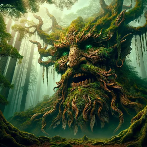 Prompt: "Create an ancient and colossal treant, standing tall at fifty feet with a girth that suggests a lifetime of growth in the heart of a primordial forest. His bark is a rich tapestry of greens and browns, etched with the stories of centuries, with vines and moss draping like emerald necklaces from the crevices of his mighty frame. His branches stretch out, entwined with leaves that shimmer in the dappled sunlight, whispering secrets of the woodland to those who dare to approach. His eyes are deep pools of sap, swirling with the wisdom of the forest, and his mouth is a knotty maw that opens to reveal teeth of aged wood and a tongue that can coil around the trunk of a mighty oak. His limbs, as thick as the trunks of the trees he calls kin, end in hands that are more like wooden shovels, each finger tipped with a formidable thorn, capable of ripping through the earth or unearthing hidden treasures. His feet are twisted roots that dig deep into the soil, a silent testament to his unyielding connection to the forest floor. A majestic crown of antlers adorns his head, each tine a gnarled reminder of battles with the malevolent spirits that dare to threaten his woodland realm."