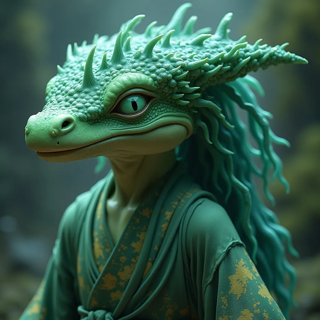 Prompt: Tsukuyomi Kawasaki is a striking example of a Kappa, a creature from Japanese folklore that combines the elegance of a human with the aquatic features of a reptilian being. Standing at a lean 5'9", his skin is a smooth, pale green, reflecting the shades of algae-covered stones from the riverbed he calls home. His hair, a shock of emerald that falls just above his shoulders, is always damp and appears to be made of fine strands of kelp swaying gently in an underwater breeze. His eyes are large, round, and a piercing blue-green, reminiscent of the deepest parts of the river where the sun's light barely reaches. His nose is elongated into a beak-like structure, and his mouth is filled with sharp teeth, hinting at his carnivorous nature. Tsukuyomi's most distinguishing feature is his bowl-shaped head, which is said to be filled with water from the river of his birth, granting him his power and life force. It glows softly under the moonlight, revealing its depths like a miniature, bioluminescent pond. His body is adorned with intricate, water-based tattoos, each one telling a story of the river's history and his own adventures. His hands and feet are webbed, and he moves with a grace that belies his amphibious nature. He is often found wearing traditional Japanese garb that is slightly tattered from his aquatic lifestyle, yet still maintains an air of refinement and nobility.