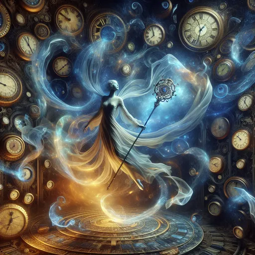 Prompt: "A figure suspended mid-air in a vortex of glowing timepieces, each ticking in sync with their pulsating aura of blue and gold light. Their flowing robes ripple as though caught in an unseen temporal current. In their hands, a gleaming staff topped with an hourglass swirls with sands of different colors, representing past, present, and future. Around them, the fractured remnants of time itself manifest as glowing, translucent shards."