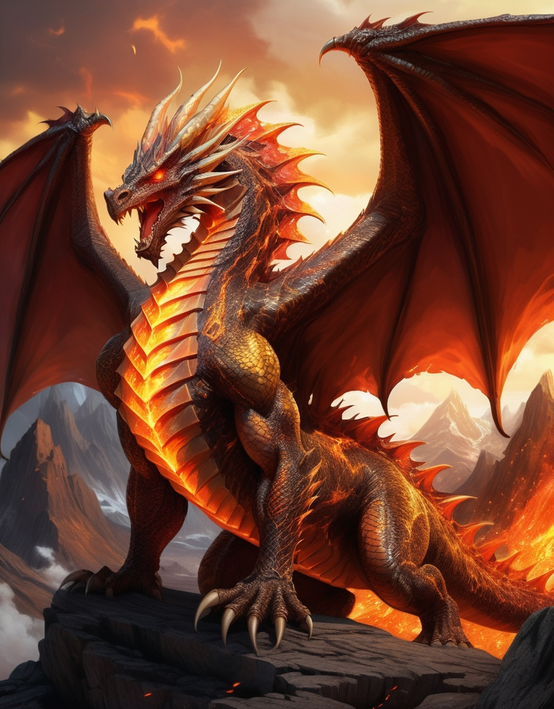 Prompt: Emberlon is an ancient, colossal dragon with scales that shimmer like molten gold in the sunlight, fading to a deep , fiery red near his wings, His eyes are pools of swirling lava, his hors are twisted and jagged like the peaks of volcanoes. He has a muscular build, with with wings that span the length of a small village and a tail that leaves a trail of embers in his wake. Despite his fearsome looks, his movements are surprisingly graceful, like liquid gold flowing across the sky. 