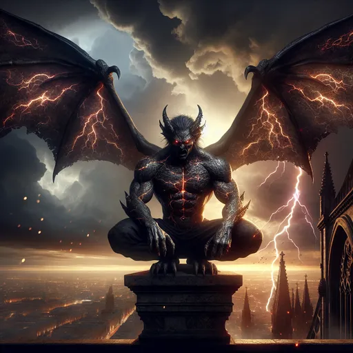 Prompt: The Obsidian Sentinel
"A male gargoyle carved from midnight-black stone, perched atop a crumbling cathedral under a storm-lit sky. His massive, bat-like wings are spread wide, their edges glowing faintly with magical runes etched into the ancient stone. His chiseled body is adorned with cracks filled with molten amber light, as though he is a living furnace of power. His piercing, glowing red eyes survey the world below with a menacing vigilance, and his claws grip the stone ledge as if ready to spring into action. Lightning forks across the sky, illuminating his fearsome visage, while a dark city sprawls in the misty shadows below."