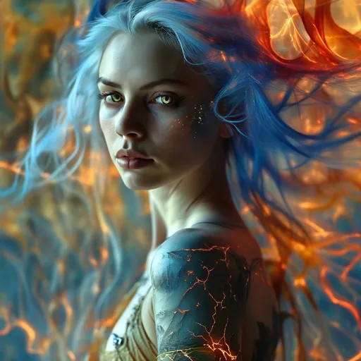 Prompt: Lila Vex is an ageless beauty that defies the boundaries of mortal understanding. Her hair is a kaleidoscope of colors, forever shifting from the deepest blues to fiery reds, reflecting the chaotic dance of the elements she commands. Her eyes are pools of liquid silver, mirroring the world with a sharp, piercing gaze. Her skin is an ethereal blend of moonlit alabaster and the palest shade of jade, hinting at her ancient lineage. Her body is toned and slender, with an athletic grace that belies her unearthly power. She often adorns herself with intricate tattoos that trace the patterns of swirling winds and crackling lightning, which seem to come alive and pulse with energy as she moves. Her attire is scanty, yet elegant, consisting of flowing, translucent garments made of a material not quite of this realm – it whispers around her form like the lightest of veils, revealing tantalizing glimpses of the power that lies beneath. Her outfit is adorned with gleaming metal accents that appear to be forged from the very essence of the elements themselves. Despite her minimal coverage, she radiates an aura of dignity and command that leaves no room for doubt or disrespect.