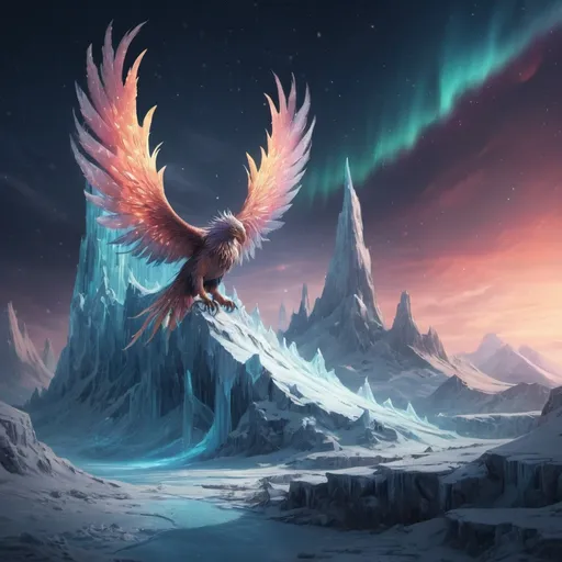 Prompt: Background: A frozen tundra with jagged ice cliffs reflecting an aurora borealis dancing across the sky.
Action: A mythical phoenix with blazing feathers of fire and ice bursts from a crystalized volcano, its flames melting the surrounding ice.
Render Style: Dynamic and luminous, with extreme contrast between fire and ice elements.
Theme: Rebirth and elemental harmony.