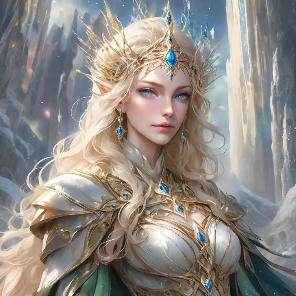 Prompt: "A regal female High Elf with flowing platinum-blonde hair adorned with a circlet of sapphire and gold, standing at the apex of a towering, crystalline spire. Her robes, a blend of shimmering white and iridescent silver, flow like liquid light as she channels an immense arcane spell. In her hands, she cradles a staff of pure diamond, its tip glowing with a pulsating orb that radiates celestial energy. The sky around her is painted with auroras of blue and gold, and below, an intricate city of alabaster and crystal reflects the brilliance of her magic. Her piercing emerald eyes shine with both wisdom and an unyielding determination."