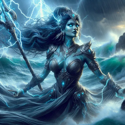 Prompt: The Tempest Sovereign
"A towering female storm giant stands amidst a thunderous tempest atop a rocky ocean cliff, her presence commanding and awe-inspiring. Her silvery-blue skin glows faintly with an inner light, matching the crackling energy of the storm swirling around her. Her long, flowing hair, like a cascade of storm clouds, streams wildly in the gale, and her piercing cerulean eyes flash like lightning in the darkened sky. She is adorned in an ornate breastplate of polished sea-steel inlaid with glowing runes, and a flowing cloak that appears woven from mist and stormlight. In her hand, she wields a colossal trident crackling with raw lightning, each strike from its prongs sending arcs of electricity dancing through the air. Around her, the waves crash violently against the cliffs, and the very air vibrates with her commanding presence as she channels the power of the storm, a living force of nature and justice."