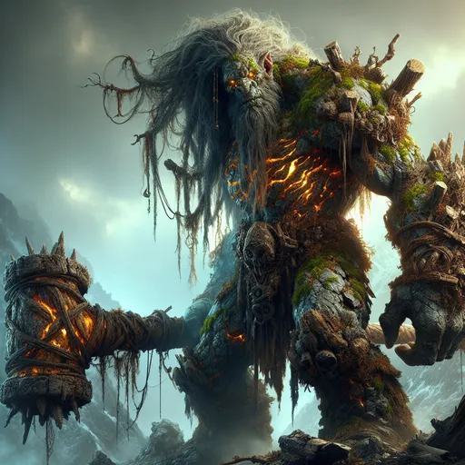 Prompt: The Mountainbreaker Warlord
"A colossal male troll with rugged, stone-like skin covered in cracks filled with glowing green moss and veins of molten amber. His hunched frame exudes raw power as he stands atop a shattered mountain peak, holding a massive club made from a petrified tree trunk embedded with jagged boulders. His wild, matted hair flows like a stormcloud, and his glowing yellow eyes blaze with primal fury. His armor is pieced together from scavenged metal and bones, adorned with trophies from countless battles. Around him, the earth trembles, and the air is thick with the roar of an oncoming avalanche, as if the very land responds to his destructive might."