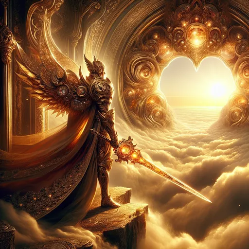 Prompt: "A lone warrior clad in golden, ornate armor stands on a cliff overlooking an endless ocean of clouds, with the rising sun casting their silhouette in warm, radiant light. Behind them, a colossal celestial gate made of pure energy and ancient stone begins to open, revealing a brilliant divine realm. Their weapon, a massive sword with a blade of fire and gemstones, glows brightly, while the wind swirls around them, carrying petals of glowing flowers. Hyper-detailed textures, golden and warm hues, epic proportions, and divine, uplifting energy."

