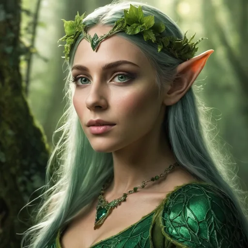 Prompt: In the heart of an ancient, emerald-hued forest, where sunlight filters through a lush canopy of leaves, there exists a realm inhabited by the graceful and enigmatic Forest Elves. Among them is a striking female elf, her ethereal beauty rivaled only by the vibrant flora surrounding her. Her skin, a delicate shade of mossy green, glows softly, reflecting the dappled light of the forest. Long, flowing hair cascades down her back like a waterfall of autumn leaves, adorned with tiny blossoms and shimmering dew drops that catch the light as she moves. Her almond-shaped eyes, the color of the deepest forest shadows, seem to hold the wisdom of centuries, revealing a connection to the very essence of nature itself. Clad in garments woven from the finest silks of spiderwebs and embroidered with intricate patterns of leaves and vines, she blends seamlessly with her surroundings, a guardian of the woodland realm. With a gentle grace, she roams her domain, her every step silent on the carpet of moss and fallen leaves. In her presence, the air feels charged with magic, as if the forest itself whispers secrets only she can hear. A skilled archer and healer, she commands the ancient powers of the earth, bringing harmony to the flora and fauna around her. This female Forest Elf is not just a creature of beauty; she embodies the spirit of the wild, a protector of nature, and a beacon of light in a world of shadows.