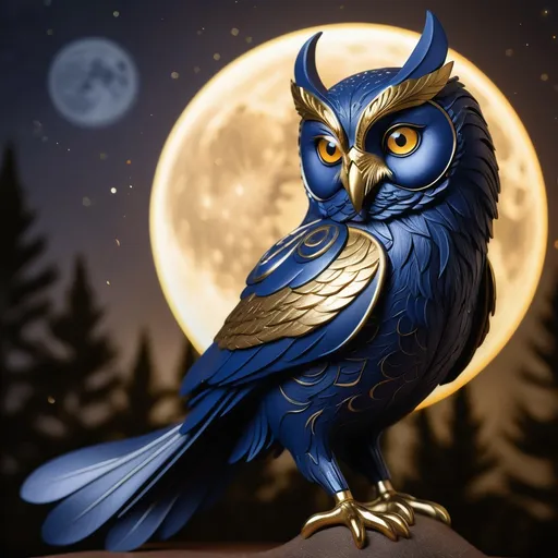 Prompt: Lunaire Nightshade is a majestic Owlin with a sleek, midnight-blue body that shimmers with an ethereal glow under the moon's soft light. Her eyes are pools of molten gold, capable of piercing through the darkest of nights. Her facial features are sharp yet refined, with a prominent beak that curves slightly at the tip. The feathers on her head form a natural headdress that flows gracefully down her back, ending in a cascade of ink-black plumes. Her wings are broad and powerful, the color of a starlit sky, adorned with silver-tipped feathers that whisper silent secrets of the cosmos. Lunaire's arms are human-like, yet her hands are tipped with sharp, curved talons, ideal for both delicate craftsmanship and fierce combat. Her legs are covered in feathers that blend into the night, allowing her to glide effortlessly through the air or perch silently on the highest branches. Her feet are also tipped with the same gleaming talons, enabling swift and silent movement on the ground. Standing at an intimidating height of 7 feet, she commands the attention of all who cross her path. Her attire consists of flowing robes of deep purple, embroidered with constellations in silver thread, and a necklace made of polished moonstones that seem to pulse with a gentle rhythm, in sync with her heartbeat.