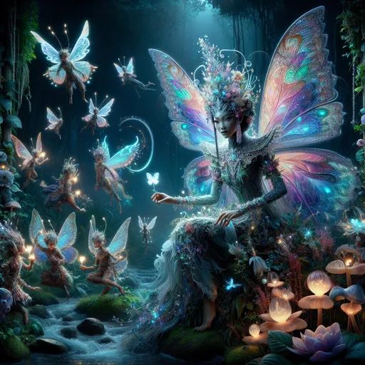 Prompt: "An ethereal fey queen with iridescent butterfly wings sits on a throne woven from living vines and flowers that glow faintly in the twilight. Her gown is made of moonlight and mist, and her crown is a delicate array of glowing crystals. Around her, fey creatures of every kind—sprites, dryads, and satyrs—dance in a vibrant, magical forest lit by bioluminescent fungi and hanging starlight."