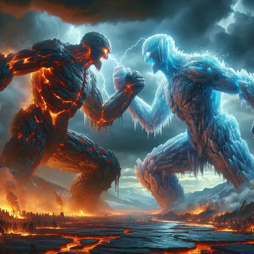 Prompt: "Two colossal titans, one made of molten lava and the other of crystalline ice, clash on a battlefield of shattered earth. Lightning crackles across the stormy sky, illuminating an army of shadowy warriors in the distance. The ground glows with veins of magma and frost as the titans' energies collide."